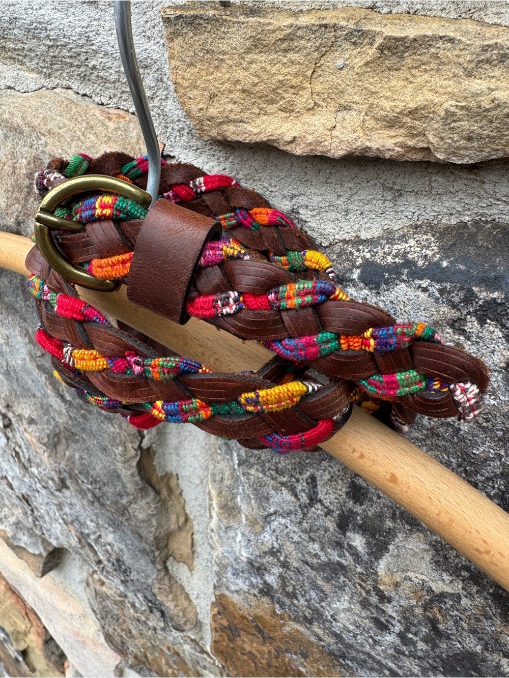 Genuine Leather Woven Cotton Braided Belt Brown Multicolor Boho 42”